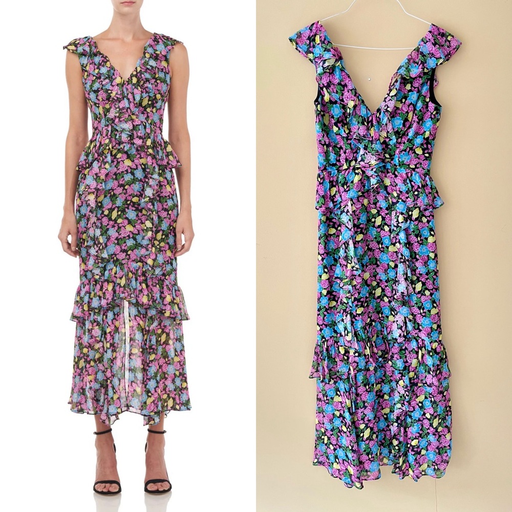 AMUR Multicolor Floral Ruffle Midi Dress